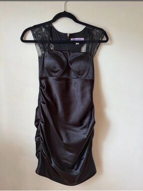 Hailey Logan Black Satin Lace-Shoulder Midi Dress